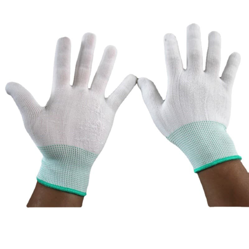 Small Size Green Wrist White 13-Gauge Nylon Glove Liners, Breathable Tea-Picking Gloves, Daily Use Gloves, Wholesale from Manufacturer