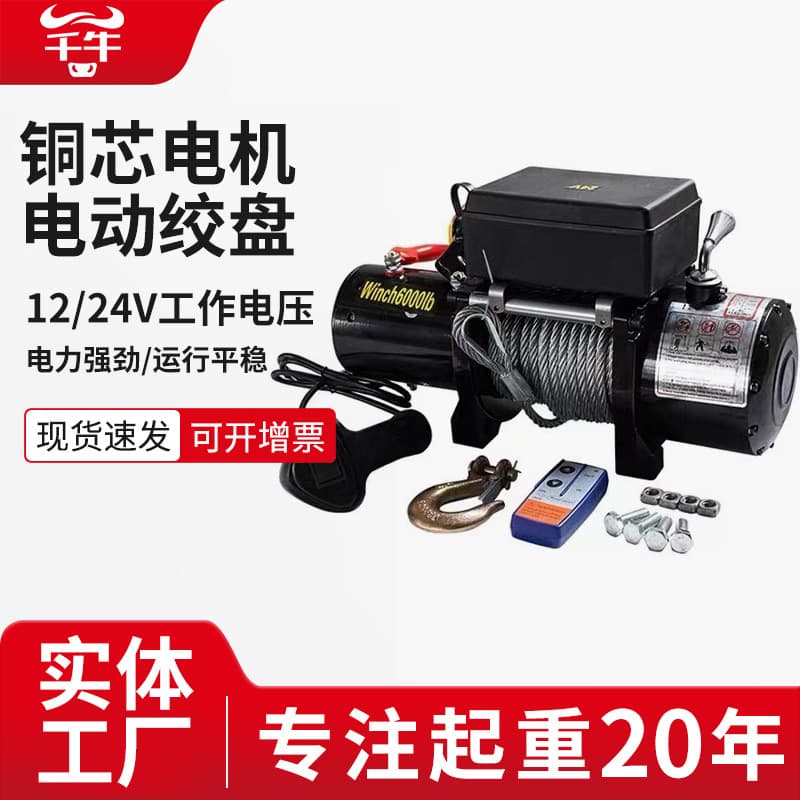 Electric Winch 12V Vehicle Mounted Crane Off-Road Self-Rescue Recovery Tool Small Remote Control 24V Electric Hoist Portable