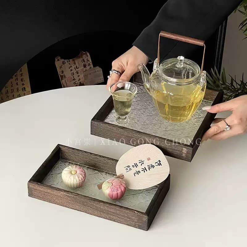 Chinese Begonia Flower Glass Tray Vintage Rectangular Wooden Plate Home Fruit Snack Plate Tea Tray Storage Tray