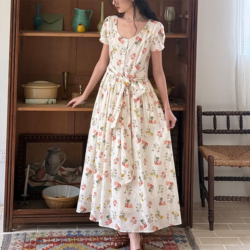 AH190 Linen French Round Neck Tie Waist Dress Pattern Women's Long Dress Template
