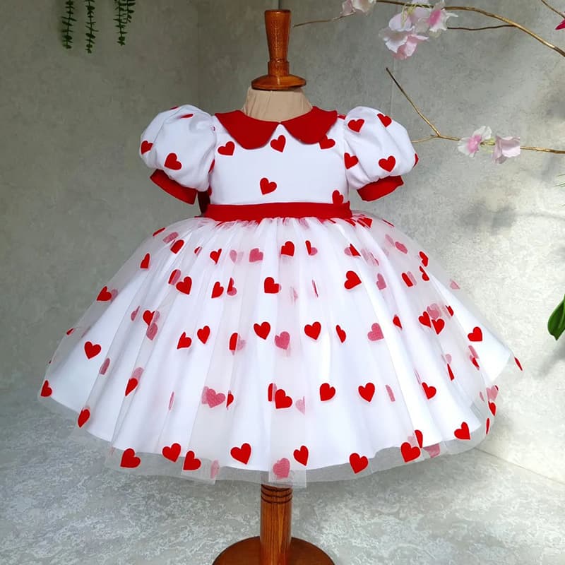 Princess dress children's bubble sleeve love princess skirt sweet cute waist girls European and American dress