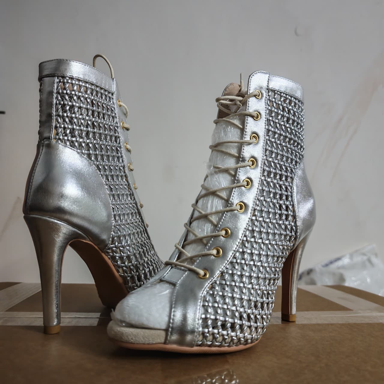 Hollow-Out Sandals for Women 2025 Summer Short Boots Peep-Toe Lace-Up Mesh Boots Thin Heel Mesh Jazz Dance Shoes High-Heeled Sandals