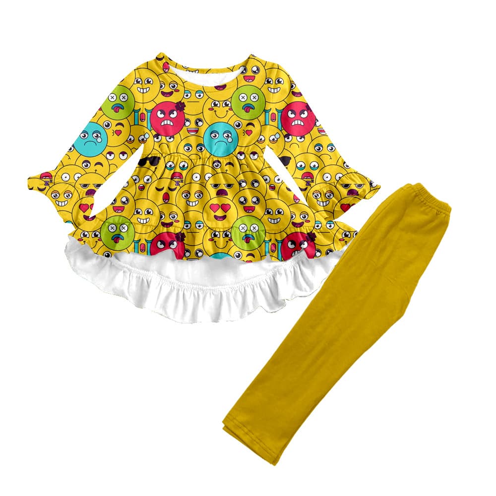 Cross-border wholesale custom autumn girl's two-piece set with lace-trimmed dress and solid-color pants
