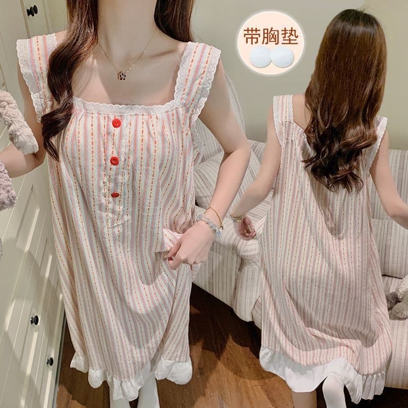 New pajamas for women summer cloud cotton suspender nightgown lace lace casual large size girl home wear with chest pad