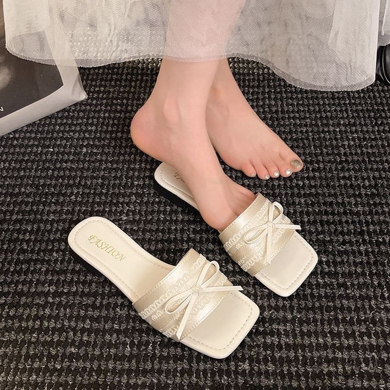 Large size square toe bow flat slippers 2026 new slippers for women to wear super fairy fashion one-word women's slippers
