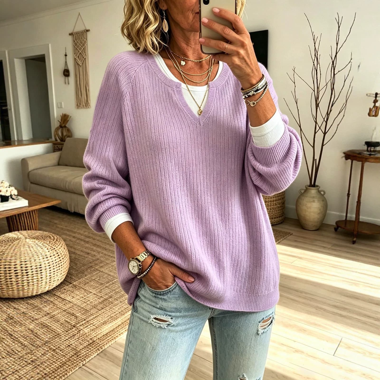 Sweater In Stock 2026 Cross-border Amazon US/EU Independent Site Casual Raglan Sleeve V-Neck Warm Sweater