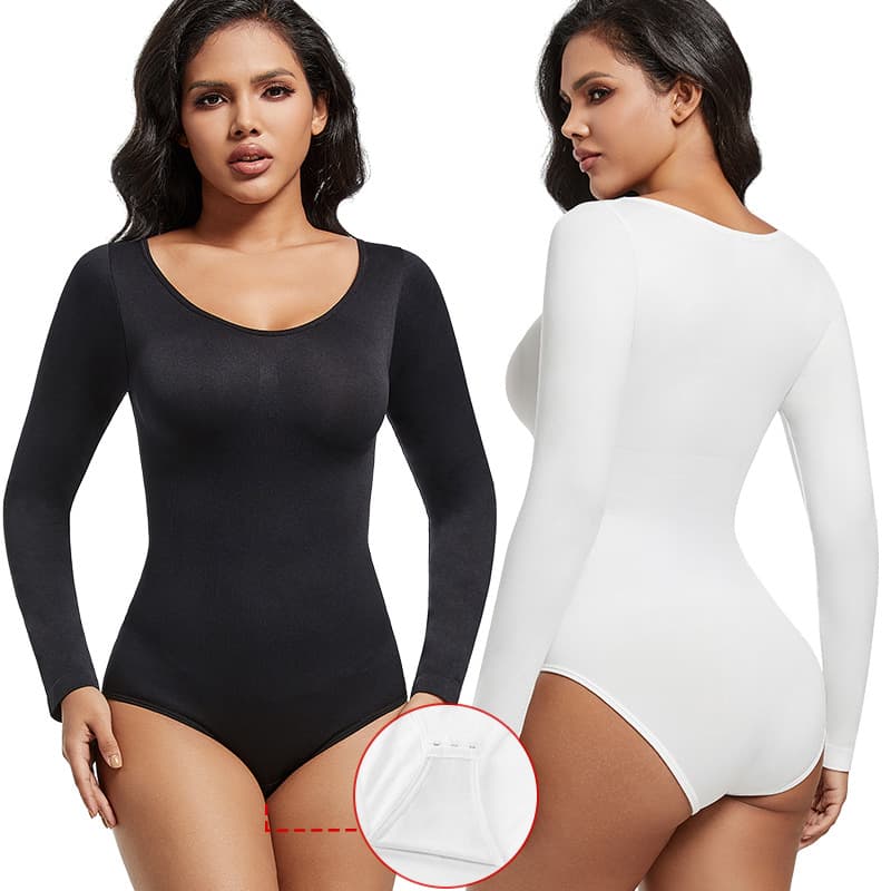 Women's Shapewear Bodysuit Long Sleeve Triangle Control Top Seamless Body Shaper Tops Plus Size European and American Style
