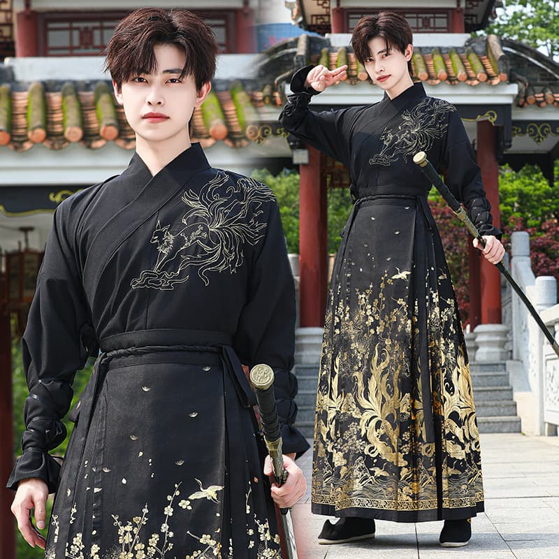 2024 New Chinese Style Men's Embroidered Cross-Collar Long-Sleeved Top with Gold Foil Skirt, Hanfu Martial Arts Style Couple Set