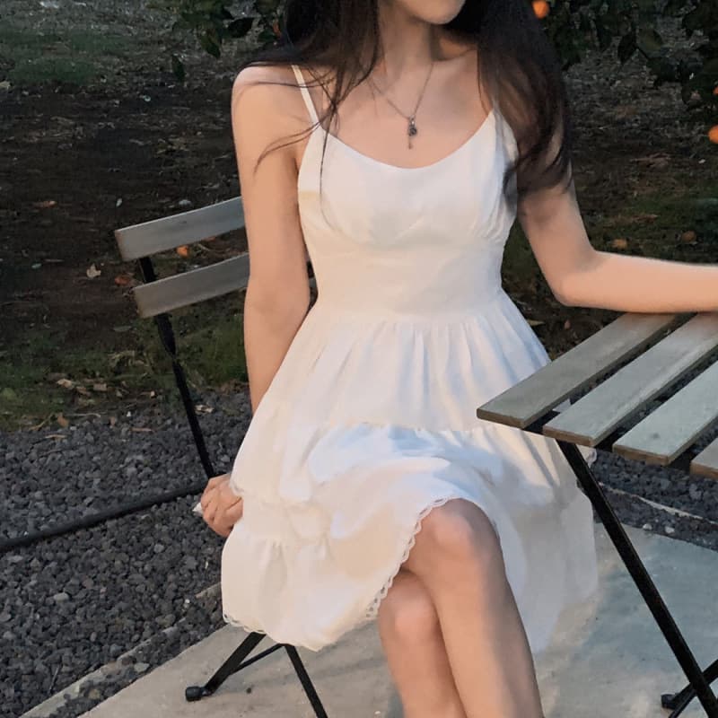 Korea 2025 Summer New Ins White French Strapless Dress Women's Lace Sleeveless Tiered Dress