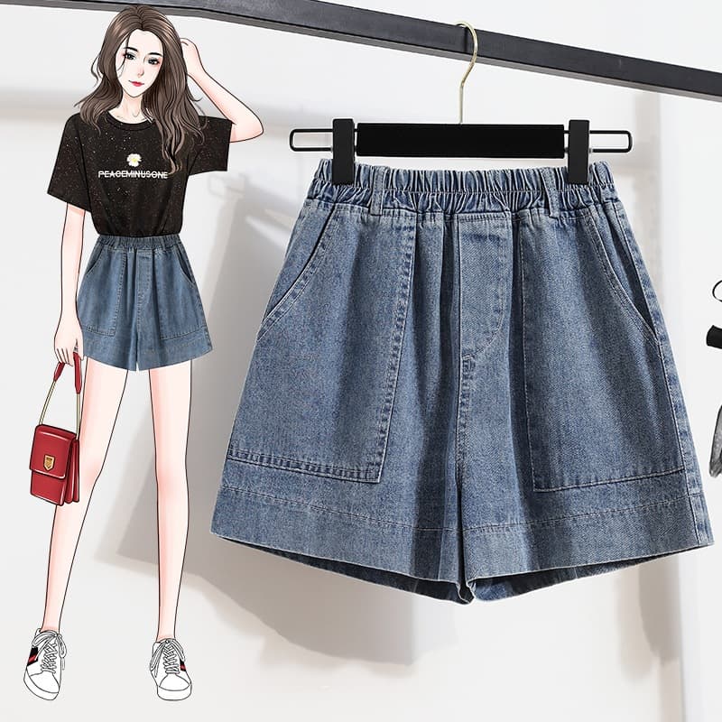 Real shot of women's high-waisted denim shorts, loose fit, new summer style, slimming, versatile, wide-leg hot pants, trendy on Instagram.