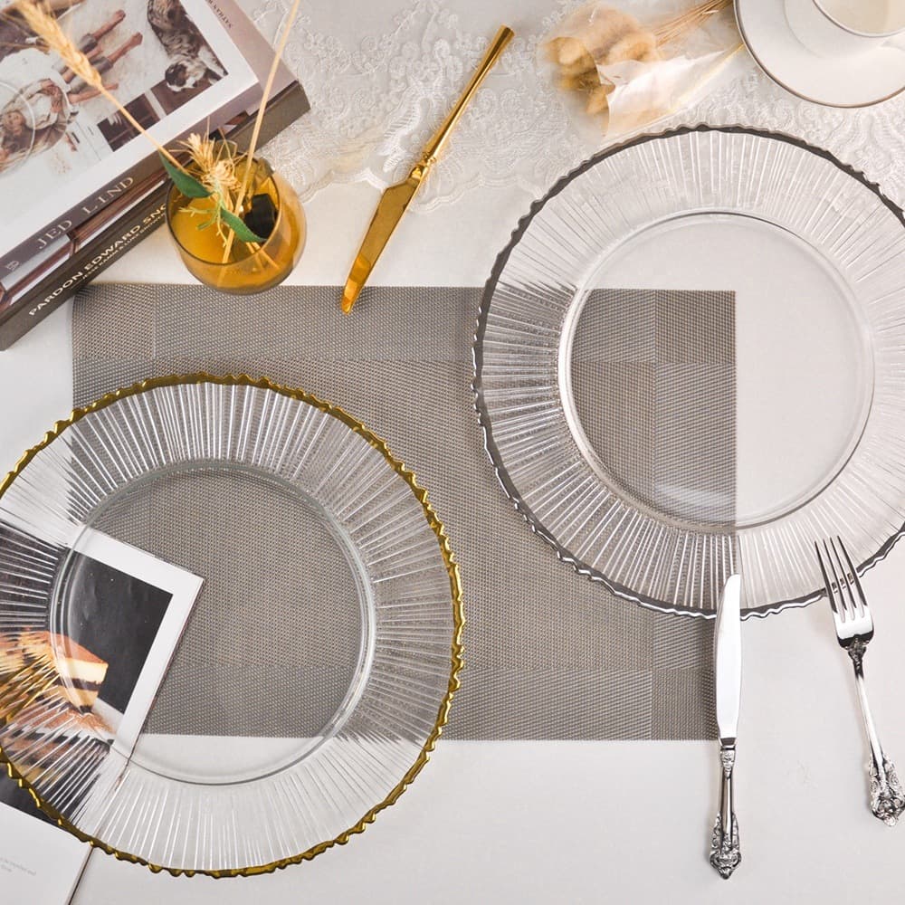 Luxury High-End Glass Plate with Gold Rim Striped Plate Steak Plate Western Banquet Dinner Plate Large Dessert Plate Table Decoration Plate