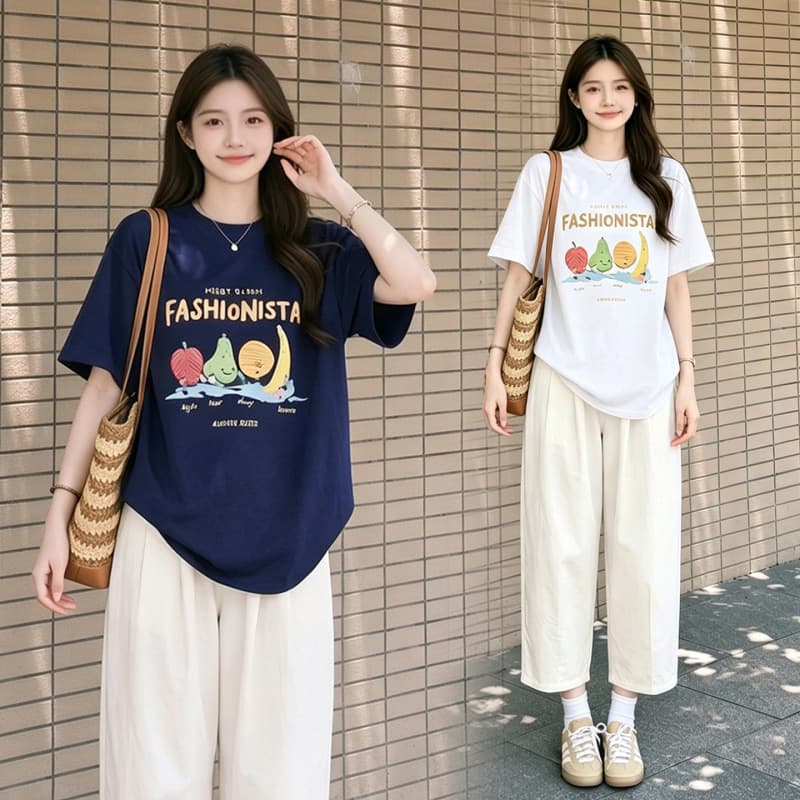 Maternity Set Summer Fashion Thin Fruit Party Print T-Shirt and Pants Two-Piece Set for Pregnancy Outings and Prenatal Check-Ups