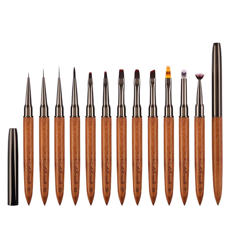 Cross-Border Japanese-Style 12-Piece Phototherapy Pen Set with Sandalwood Handles, Specialized Nail Art Pens, Gradient Pens, Lace Pens, Carving Pens