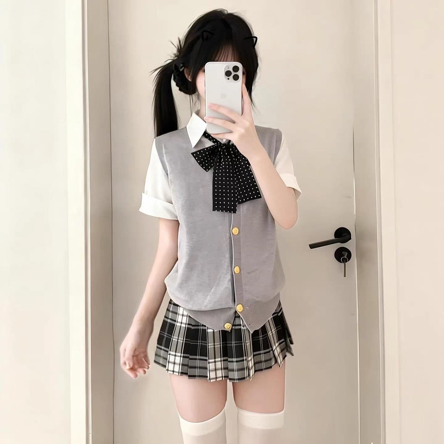 JK Uniform Set Waist-Tightening Slimming Blazer Short-Sleeve Vest Plaid Skirt Layering School Supply Sweet School Style