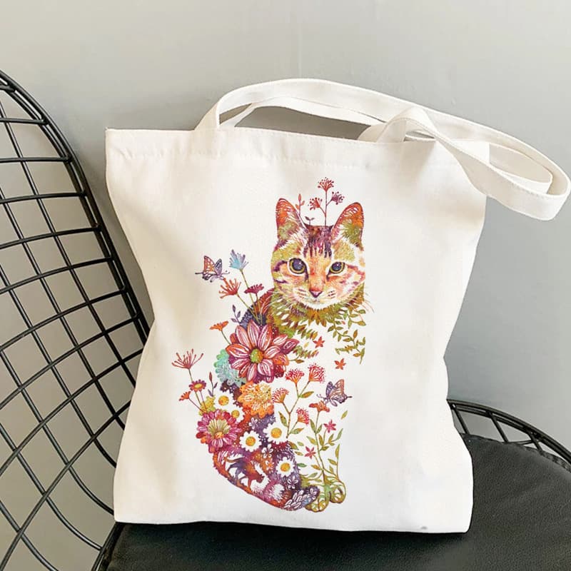 Floral Canvas Bag Large Capacity Canvas Bag Flowers Cat Portable Shopping Bag Student Canvas Bag