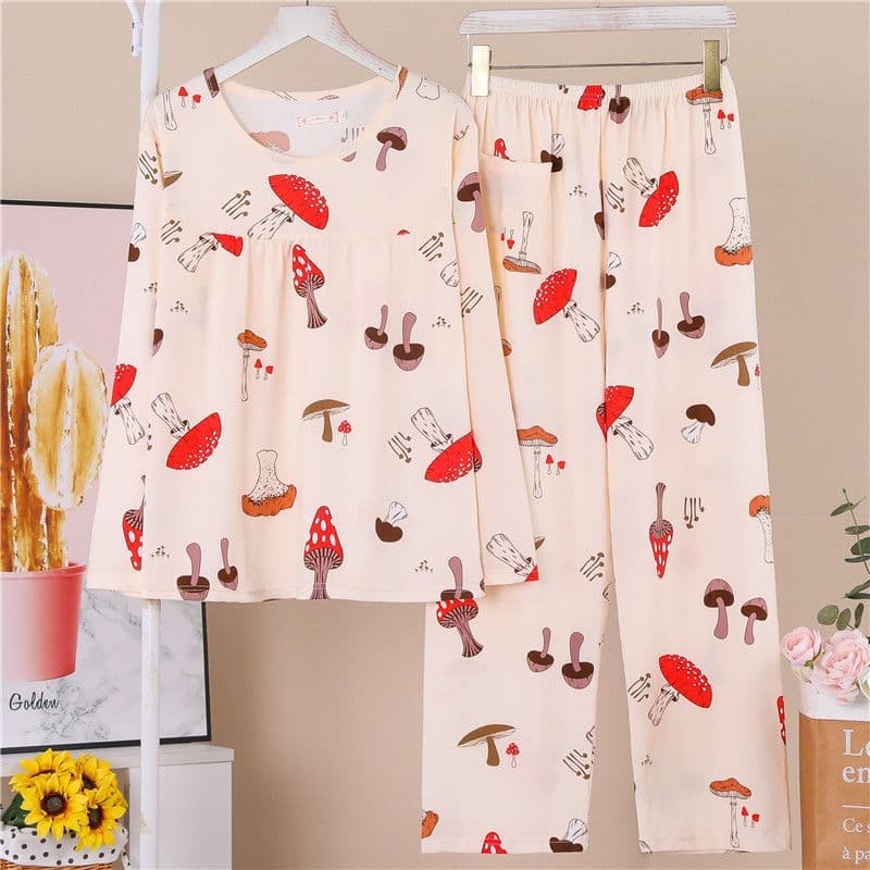 Plus-size women's pajamas for middle-aged and elderly young mothers, long-sleeved, suitable for spring, autumn and winter, loose fit, maternity set.