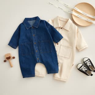 Baby Spring/Autumn Long Sleeve Denim Romper Boys Korean Style Trendy Crawling Suit Outing Fashionable One-Year-Old Baby Bodysuit