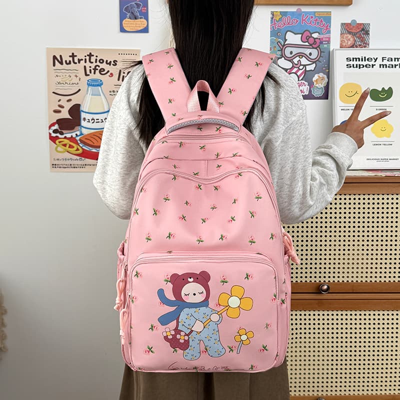 Women's School Backpack, Nylon Durable Printed Large-Capacity Backpack with Multiple Compartments, Suitable for Elementary, Middle, and High School Students