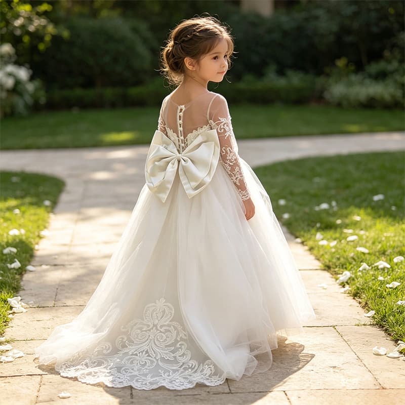 Cross-border Amazon Girls' Puffy Princess Dress Baby Flower Girl Wedding Gown European American Little Girl Trailing Lace Formal Dress