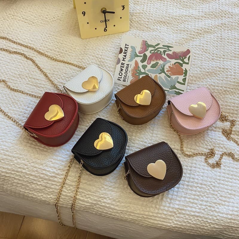 Wholesale Mini Litchi Pattern PU Children's Bag Cute Heart Decoration Girls Chain Messenger Bag Flip Coin Purse