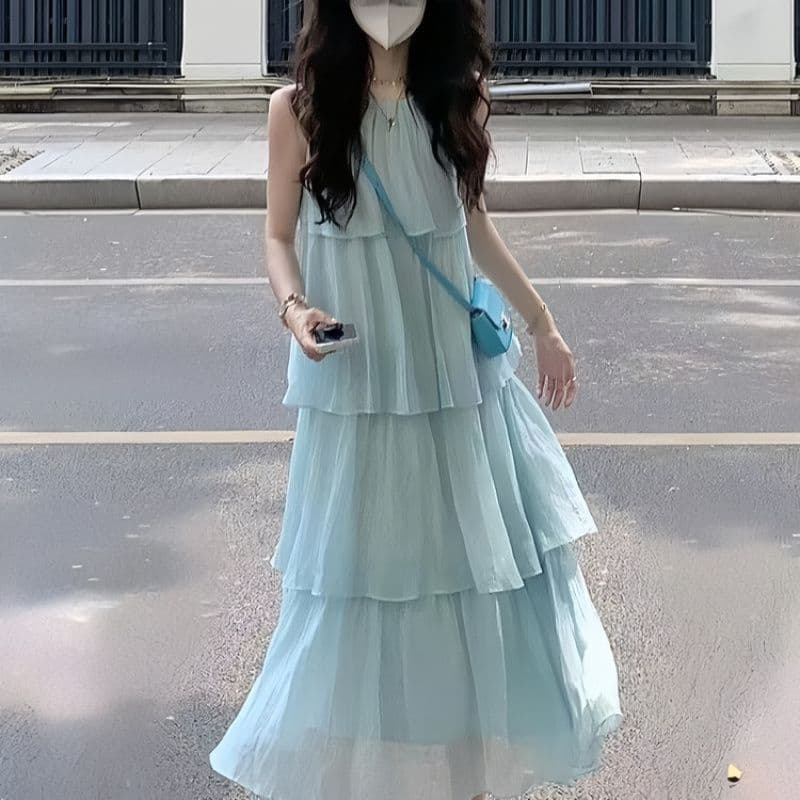 Girls' Youth Parent-Child Matching Dress Series 25122 Vacation Style Layered Dress for Summer