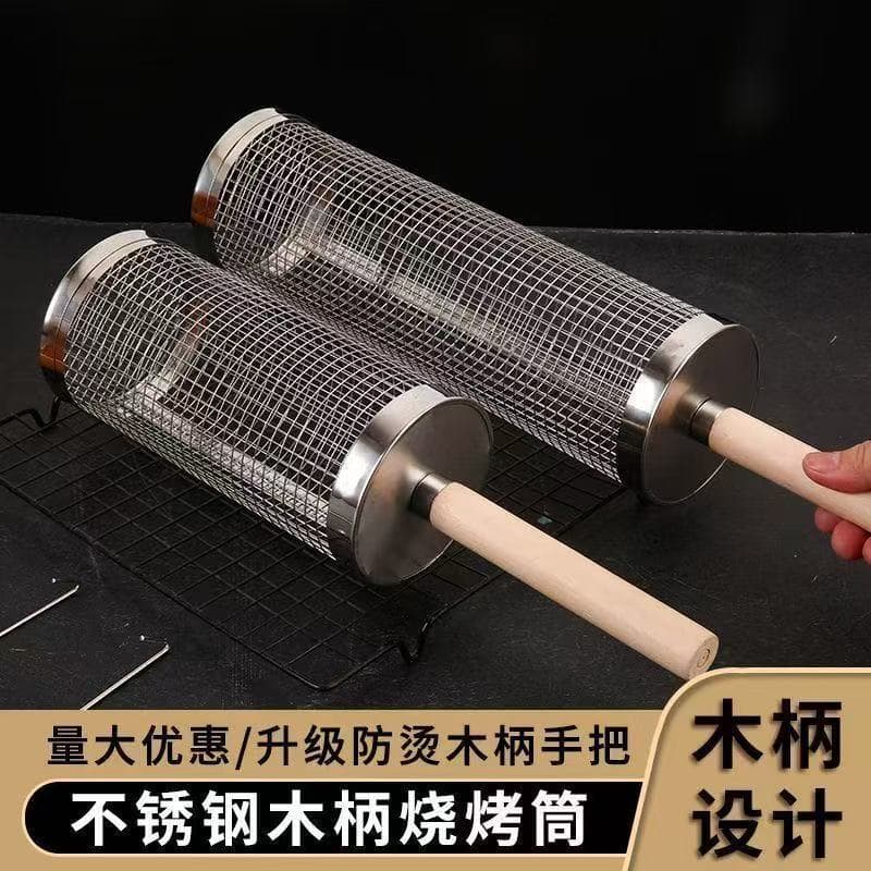 Stainless steel BBQ grill, outdoor BBQ rotating cylinder, portable round drum, smoked meat rotating grill.
