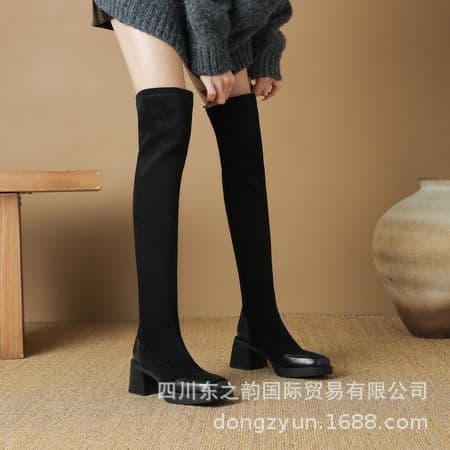 Women's Autumn Winter New Long Boots Thick Sole Stretch Knight Boots Vintage Velvet Chunky Heel High Boots Slim Fit Boots
