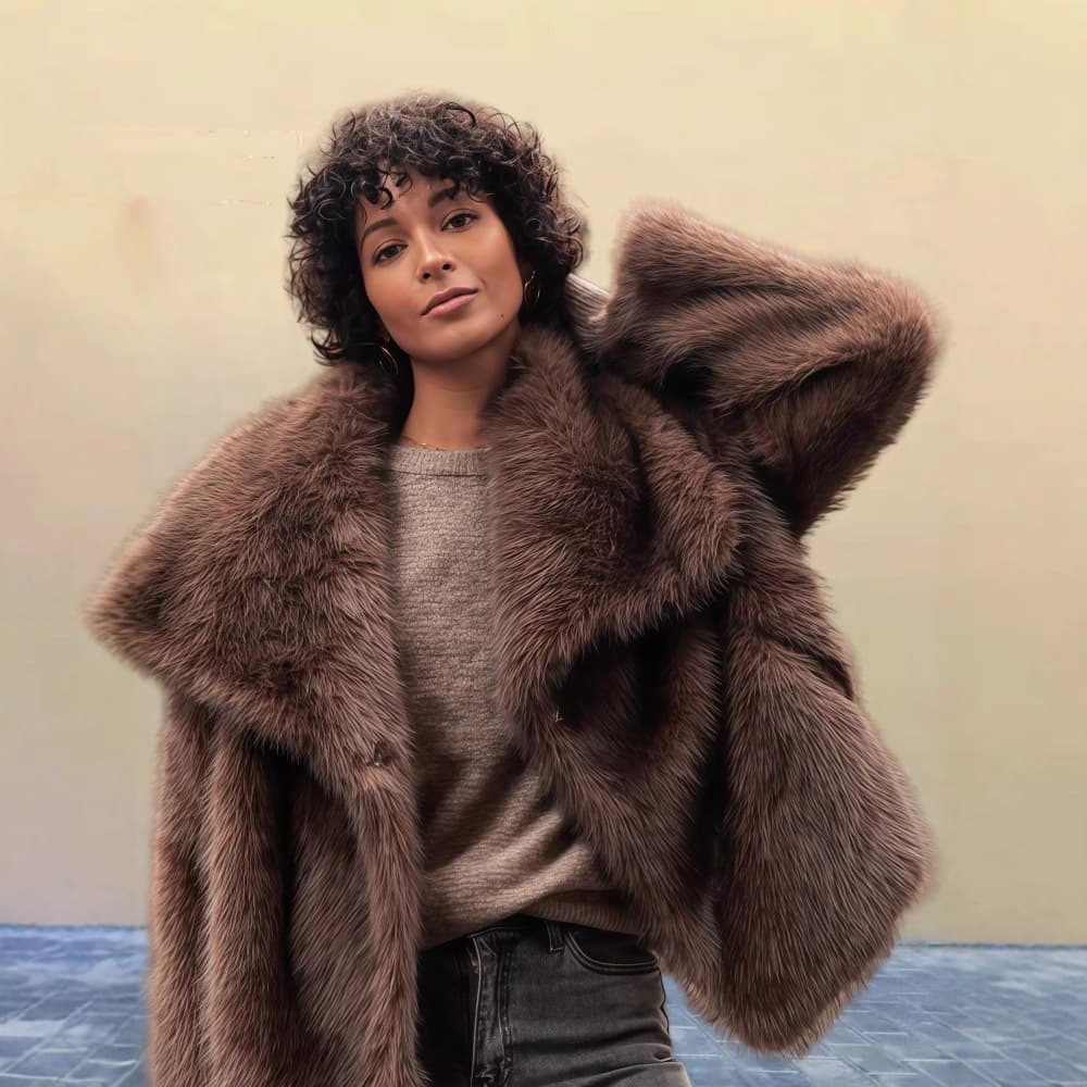 New European and American Style Notch Collar Long Sleeve Furry Coat for Women 2026 Solid Color Versatile Faux Fur Top Outerwear Plus Size Women's Clothing