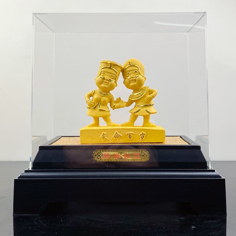 Longevity Gift Velvet Gold Plated "Long Life" Elderly Couple Statue, Creative Birthday Present for Seniors