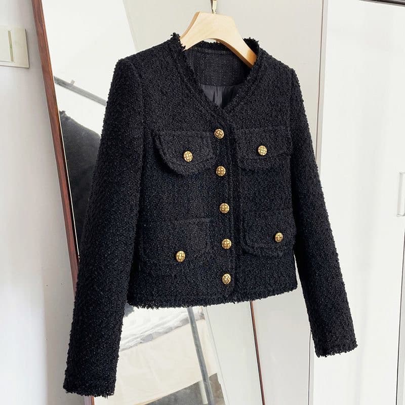 Stylish Black Tweed Long Sleeve Jacket 2022 Autumn/Winter Loose Fit Versatile Cardigan Short Jacket For Women Socialite Style