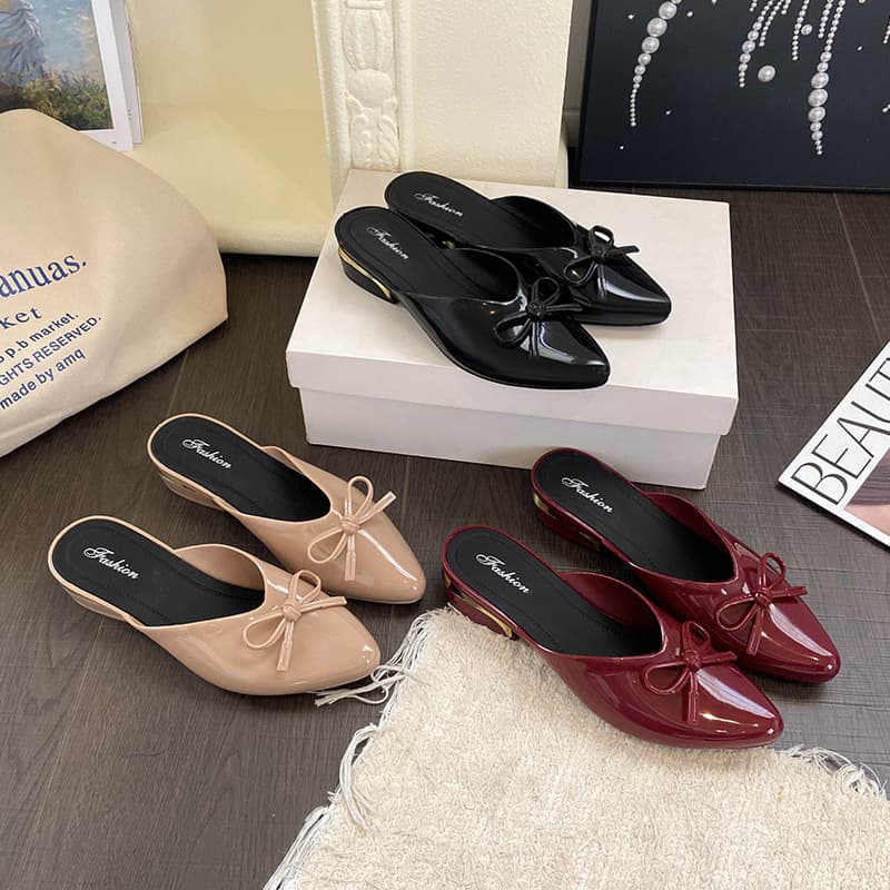 Summer Bow Wedge Mule Shoes Closed-Toe Half Slippers for Women French Style Shallow Pointed-Toe Outdoor Sandals