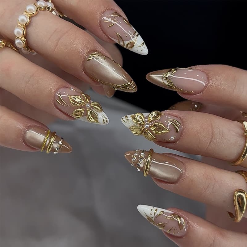 Cross-border wearable nails new style gilt embossed flower and leaf wearable fake nails milk tea magic mirror gradient nude skin manicure patch
