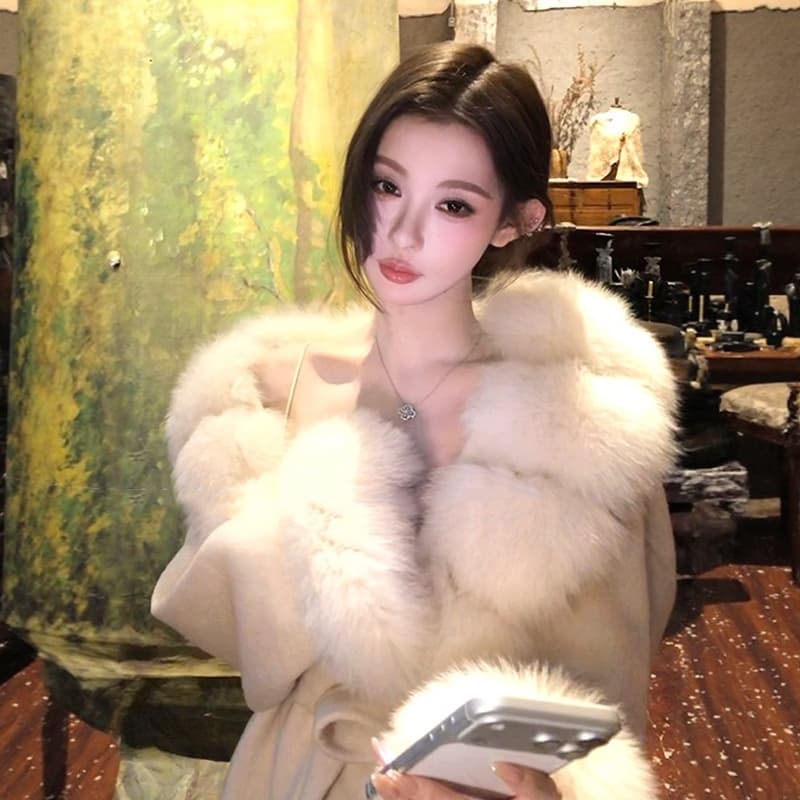 Fox Fur Big Collar Double-Sided Cashmere Coat, Lazy Style Maillard Real Fur Fur Trim Double-Sided Cashmere Outerwear