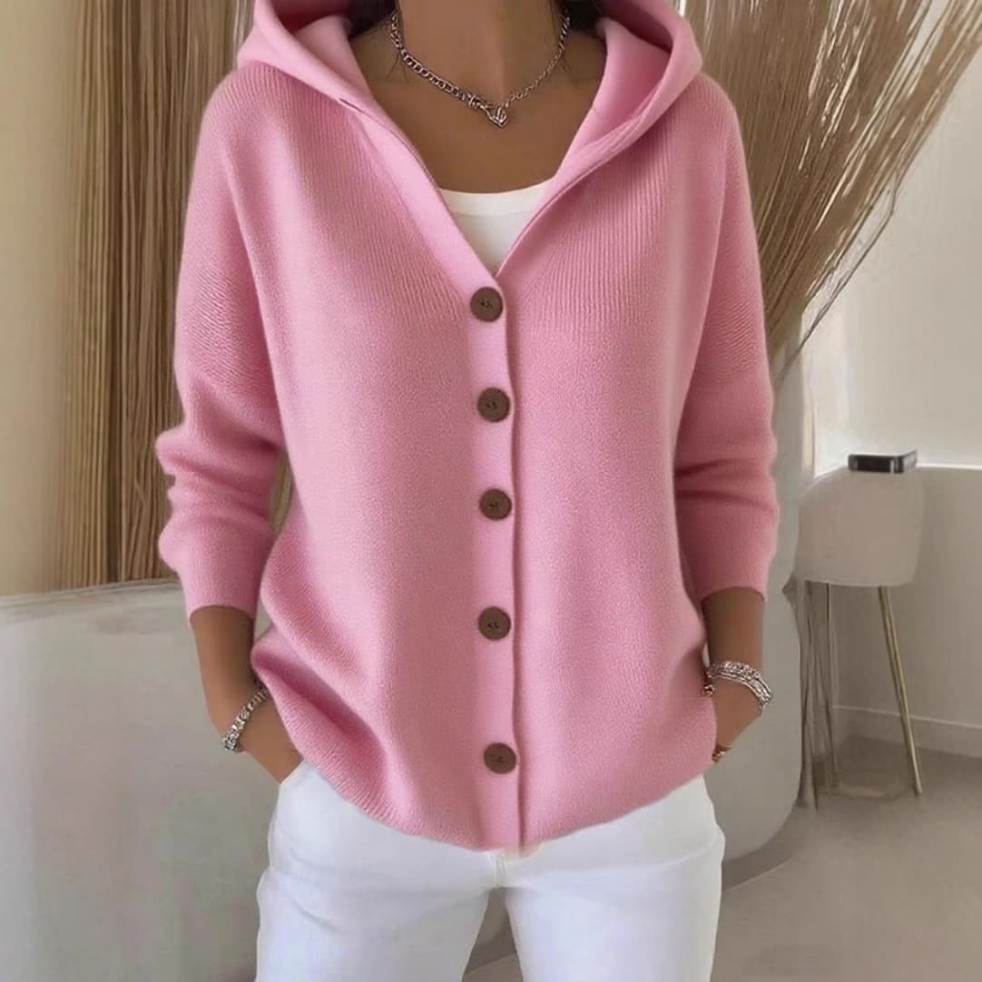 2025 European and American style button-down knitted hooded cardigan coat, autumn and winter new style, cross-border solid color casual fashion women's clothing