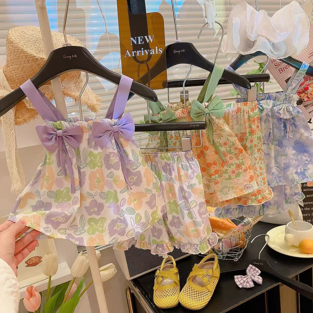 Lycocell Cotton Cool-Touch Girls' Camisole Dress Set, Children's Floral Strap Dress Two-Piece Set, Baby Sleeveless Cute Outfit
