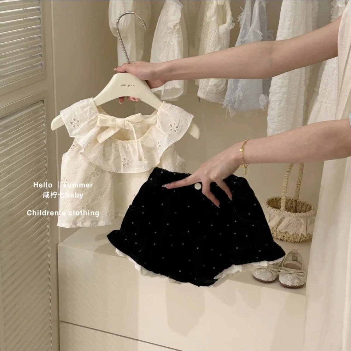 Girls Korean style 2026 summer new style bow vest sleeveless top polka dot denim shorts two-piece set trendy style