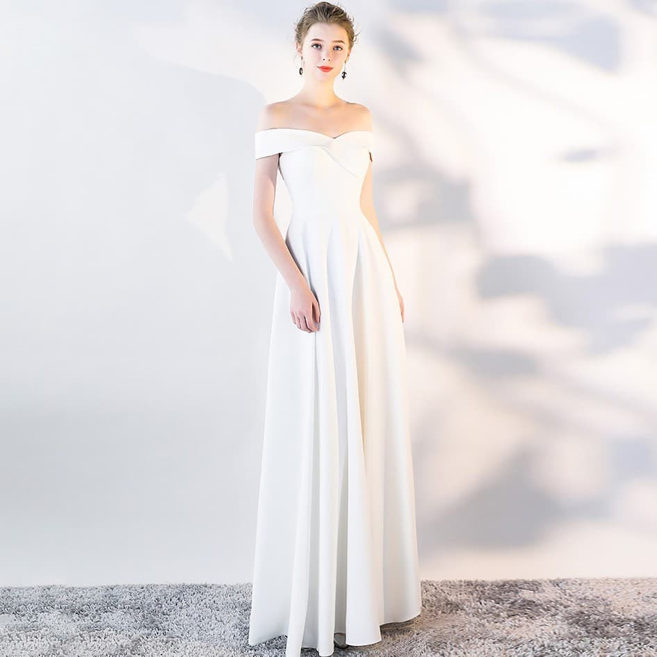 Evening Dress Women's Banquet Off-shoulder Elegant Korean-style White Normal Wear Long Simple and Generous Dress