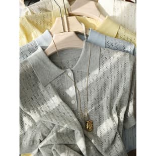Miu-style Linen Lyocell Delicate Hollow-out Polo Collar Commuter Knit Short-sleeve Top for Women, Summer New