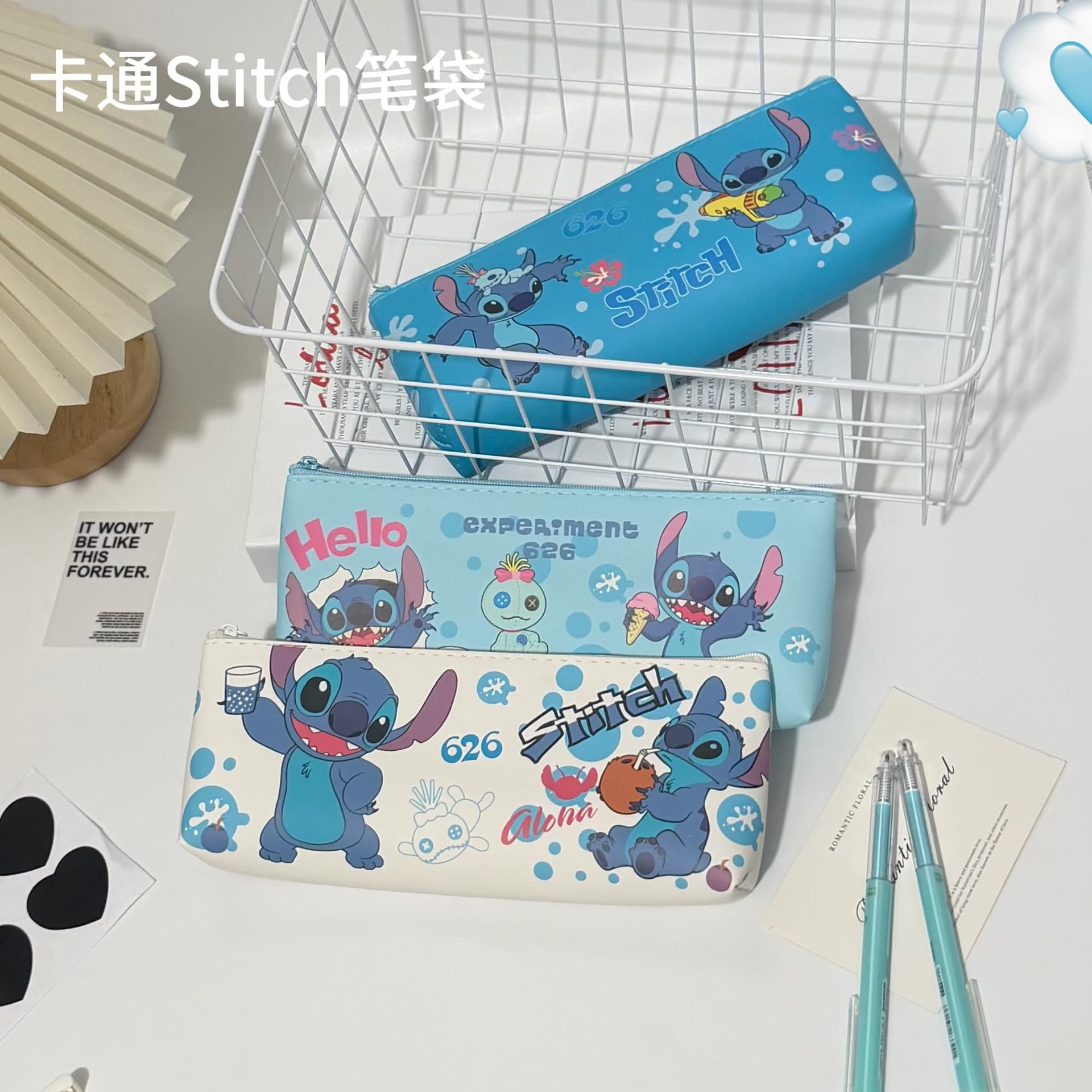 Stitch pencil bag, good-looking primary school student, large capacity PU leather pencil case, Lilo and Baby cute cartoon pencil bag