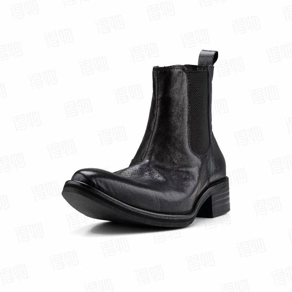 Washed cowhide pointed-toe dapper short boots, platform Chelsea boots, men's boots, wizard boots