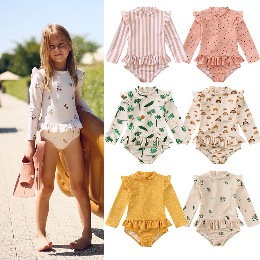 Korean Girl Floral Fresh Long-Sleeve Quick-Dry One-Piece Swimsuit for Toddlers and Kids, Cartoon Sun Protection Swimwear for Hot Springs