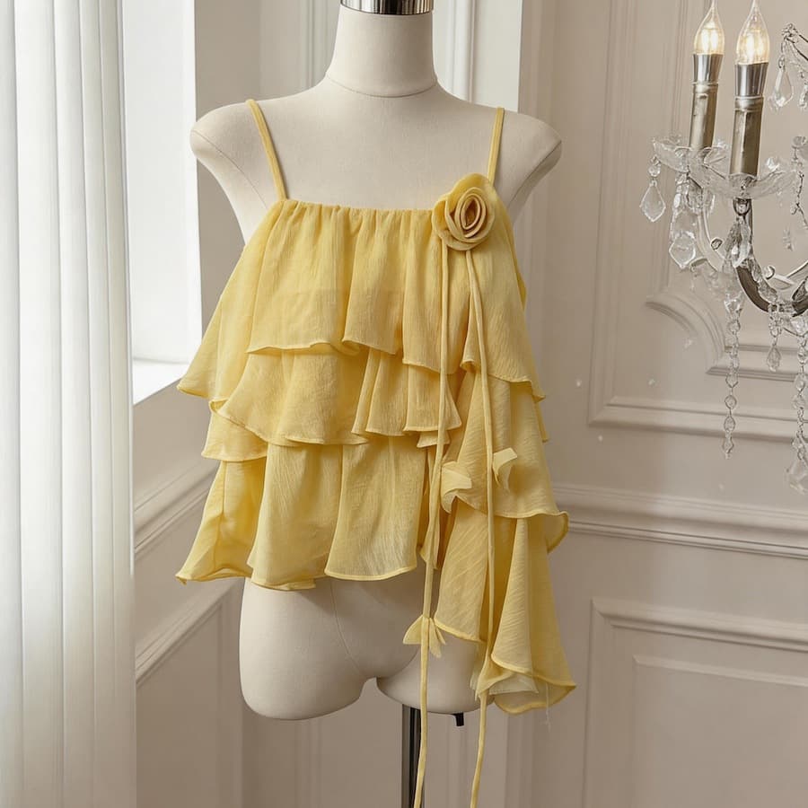 The actual price has been protected Korean style cake layer halter top for women summer French pure lust flower design chiffon shirt