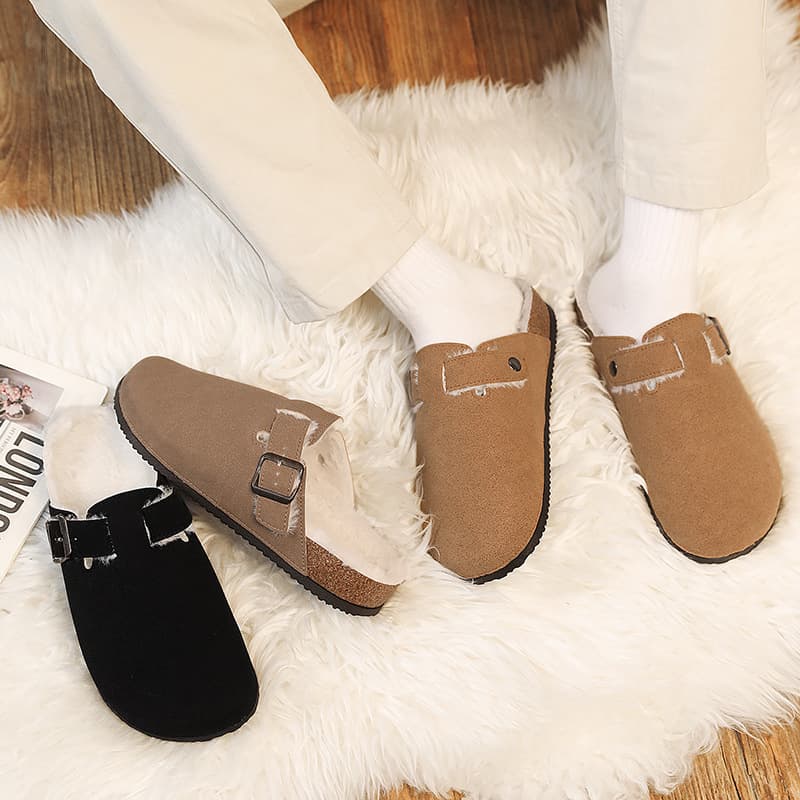 Cross-Border Trade New Style Closed-Toe Fleece-Lined Thick-Soled Slippers for Women and Couples, Cork Slippers, Cross-Border Large Size Half Slippers, Lazy Cotton Slippers