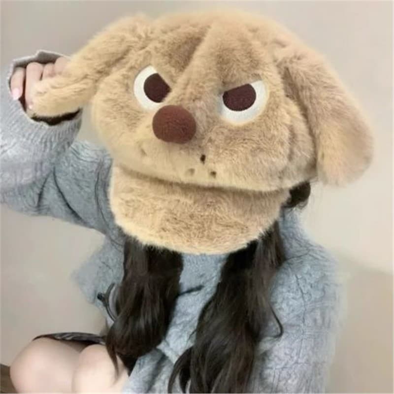 Angry Cute Little Dog Fluffy Ears Beret for Women, Winter Warm Brown Plush Large Baseball Cap