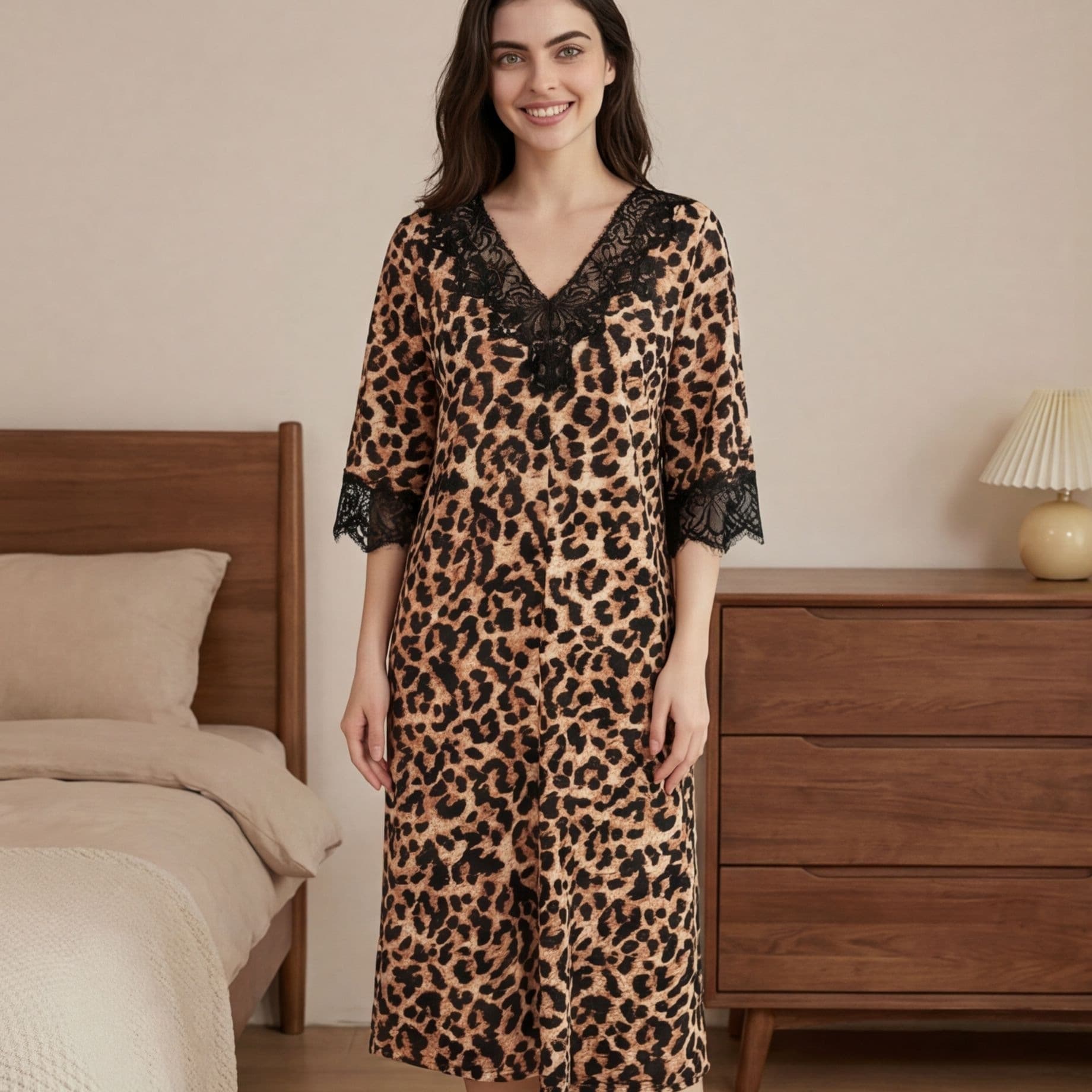 Women's Sexy Lace Nightgown Pajamas Leopard Print Three-Quarter Sleeve Loose Homewear Sexy Knit Cross-Border Wholesale