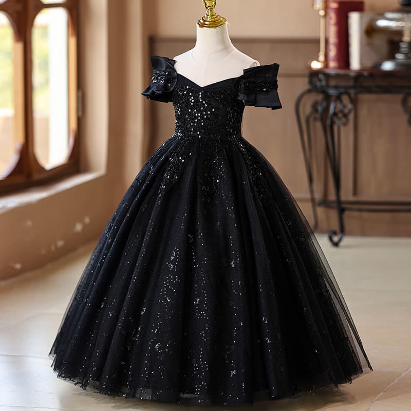 Princess Skirt Children's Formal Dress Tulle Performance Costume New Black Evening Gown Kids Showtime Girls Outfit