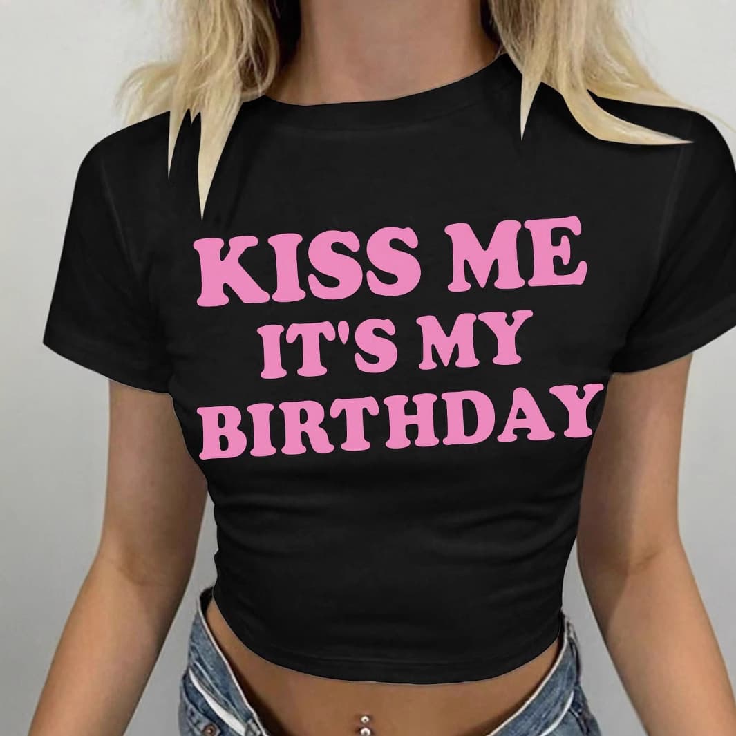 European and American Cross-Border Slim-Fit Round Neck Letter Print Short-Sleeve T-Shirt Street Sweet Spicy Crop Top Summer