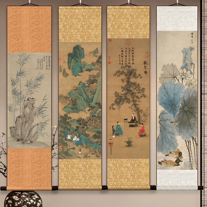 Traditional Chinese painting, antique painting, ink painting, scroll, silk hanging painting, listening to the piano, Tang Yin landscape painting, celebrity calligraphy and painting, living room decoration