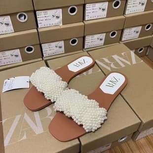 ZA 2024 Summer New Women's Sandals Slippers Square Toe Pearl One-String Flat Slippers Women's Pearl Princess Sandals