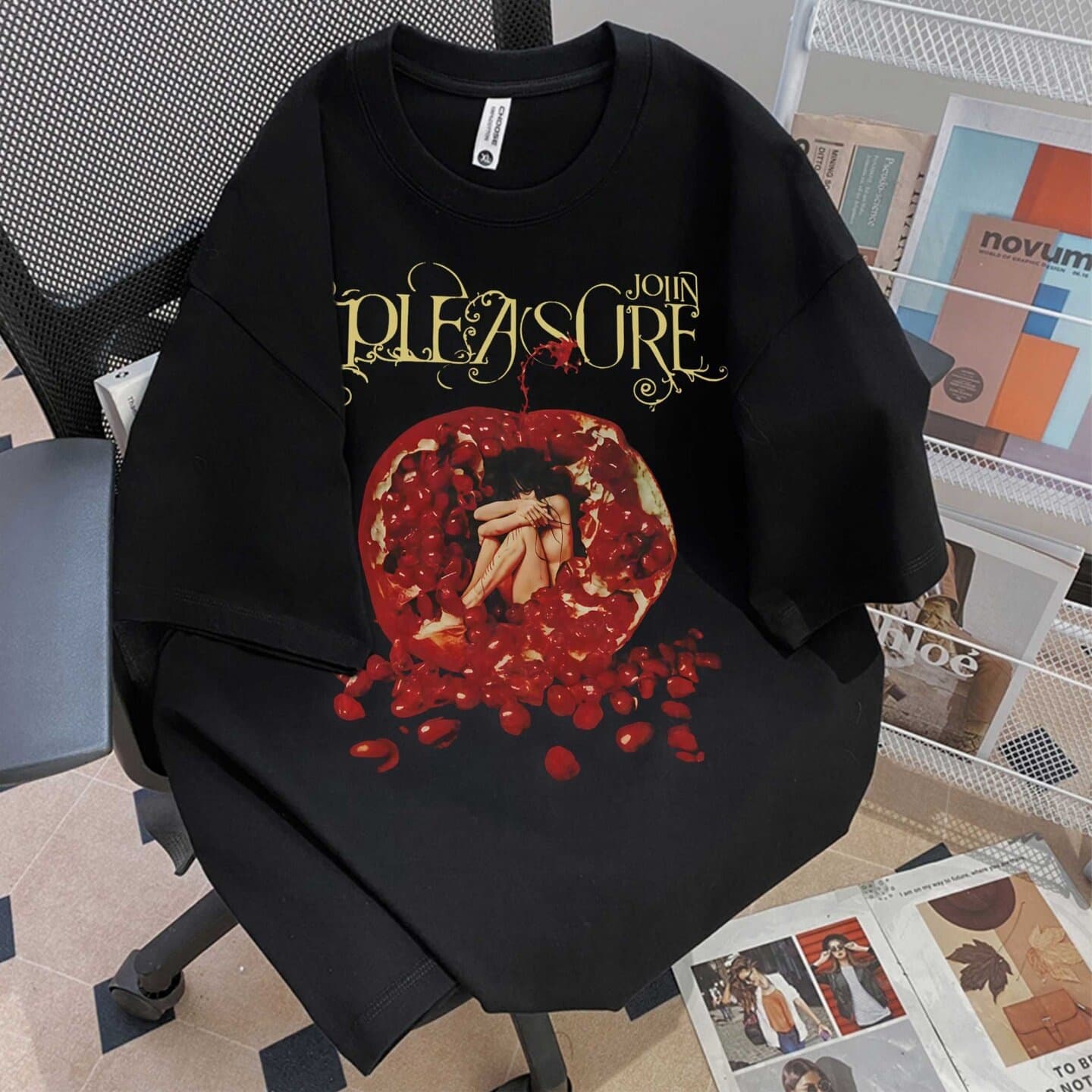 PLEASURE Concert Same-Style Black Short-Sleeve T-Shirt Unisex Loose Drop-Shoulder Rock Print Top